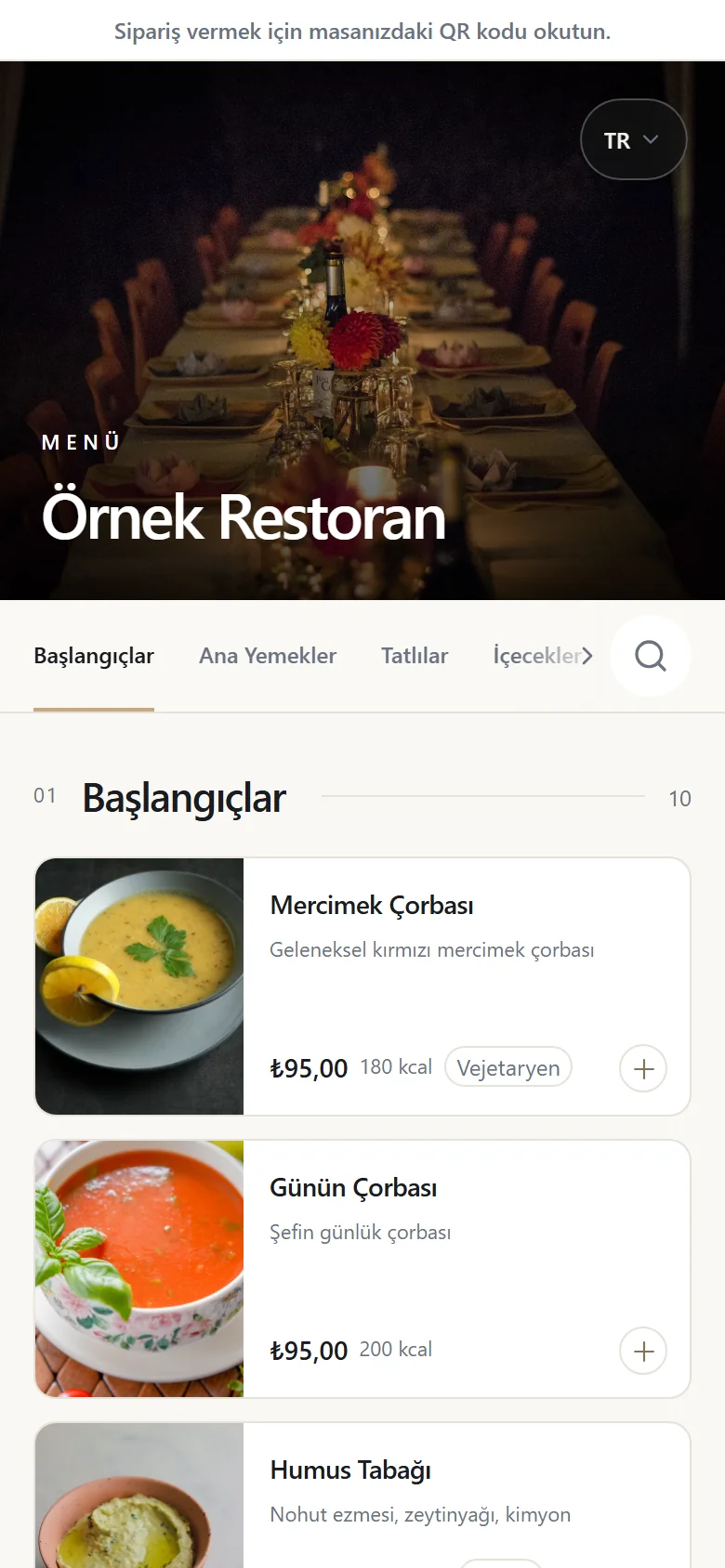 RopaDine QR menüsünde fotoğraflı ürünler ve kategoriler