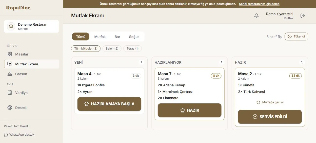 RopaDine mutfak ekranında masa sipariş kartları ve hazırlık durumları
